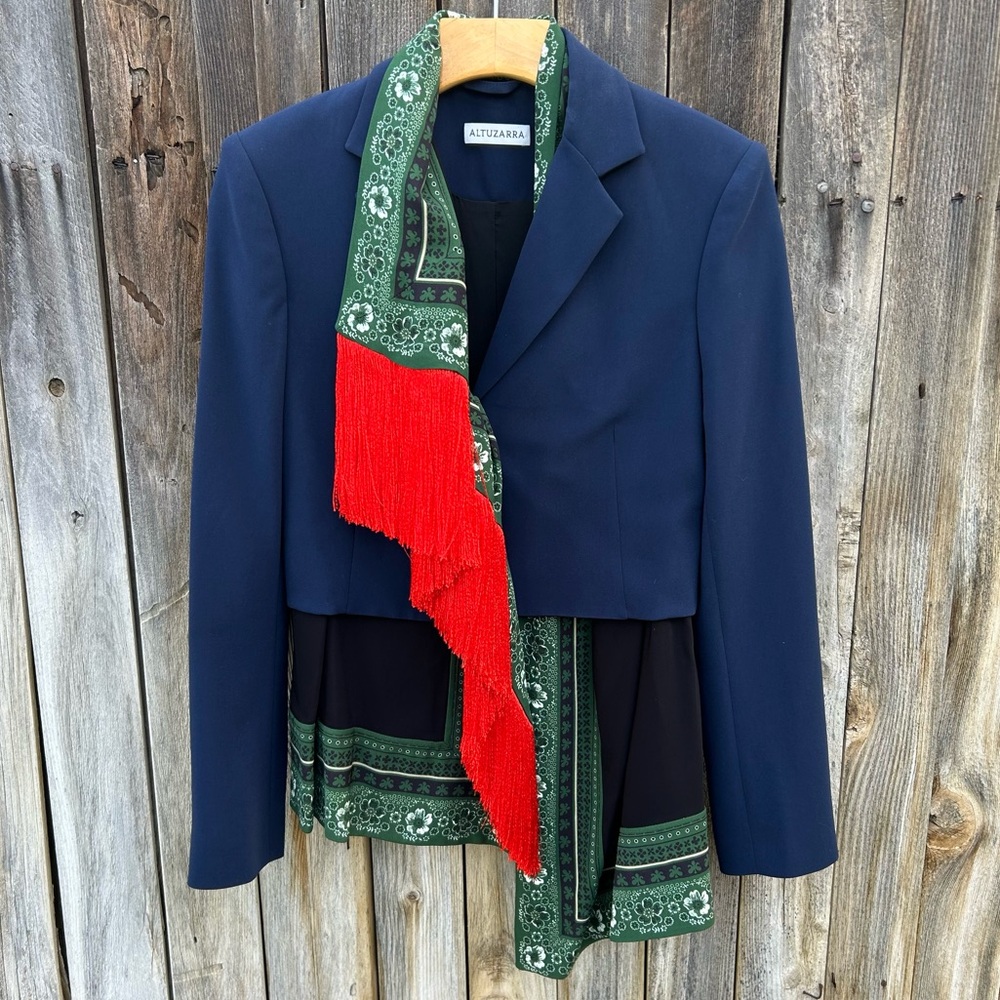 Altuzarra Asymmetric Draped Tassel Blazer Navy Blue Red 38